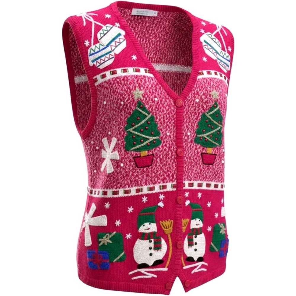Bobbie Brooks Red Christmas Sweater Vest Snowman Tree Embroidered Vintage 90s M